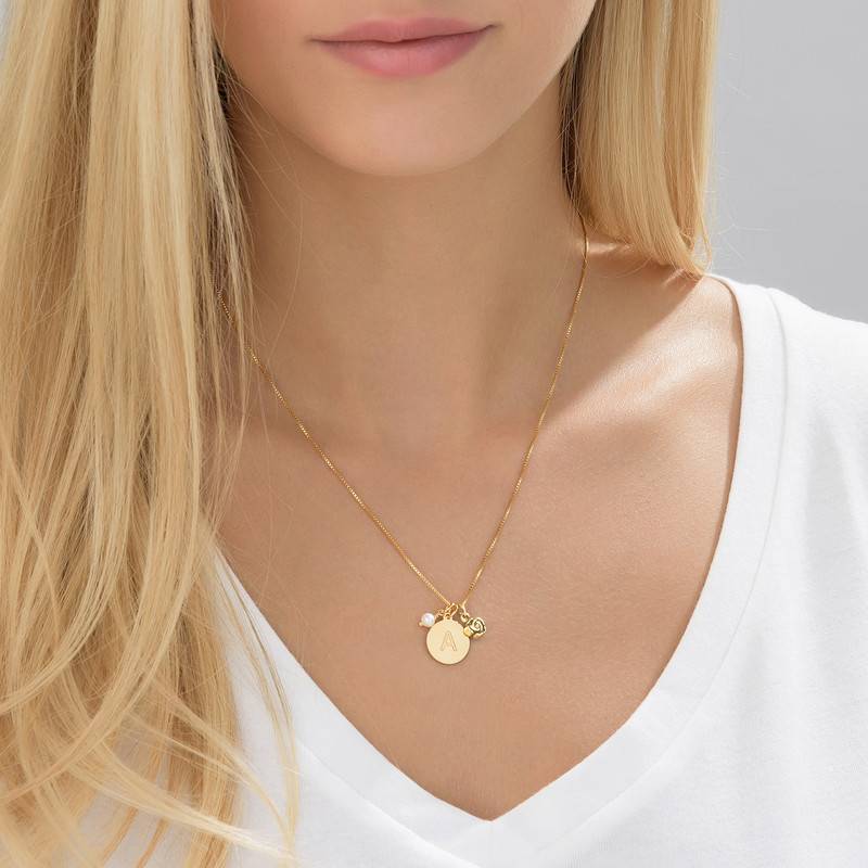 Initial Circle Necklace with pearl and rose charm in Gold Plating - Image 4