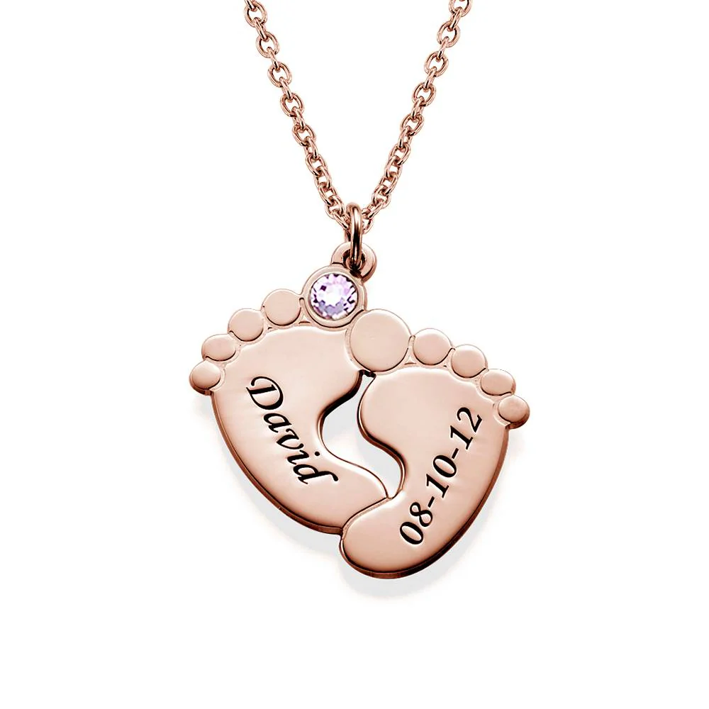 Personalized Baby Feet Necklace with Birthstones - Rose Gold Plated - Image 4
