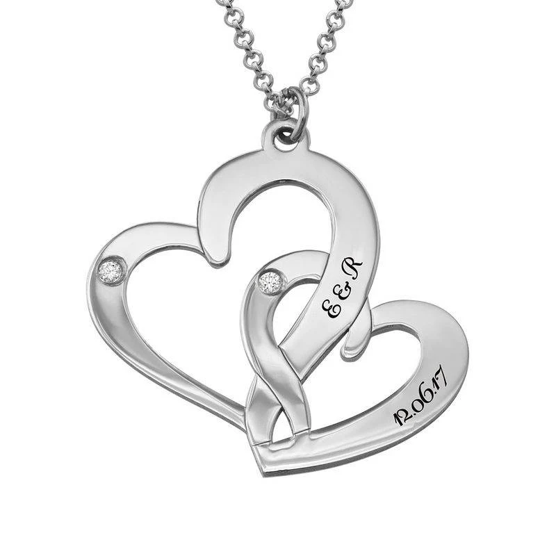 Engraved Two Heart Necklace Sterling Silver with Diamonds - Image 2