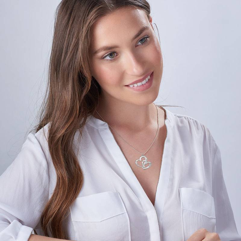 Engraved Two Heart Necklace Sterling Silver with Diamonds - Image 3