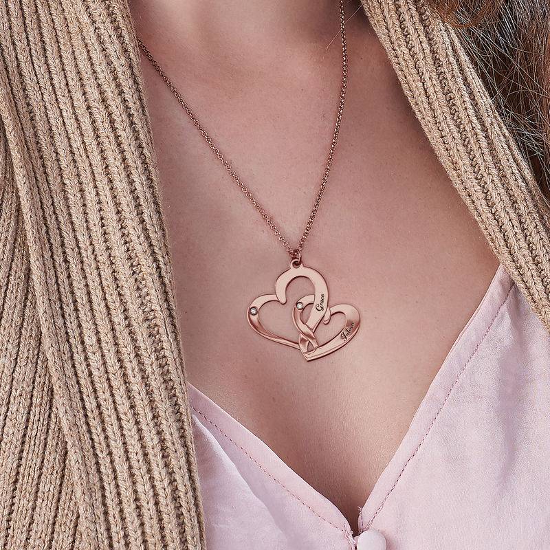 Engraved Two Heart Necklace Rose Gold Plated with Diamonds - Image 3