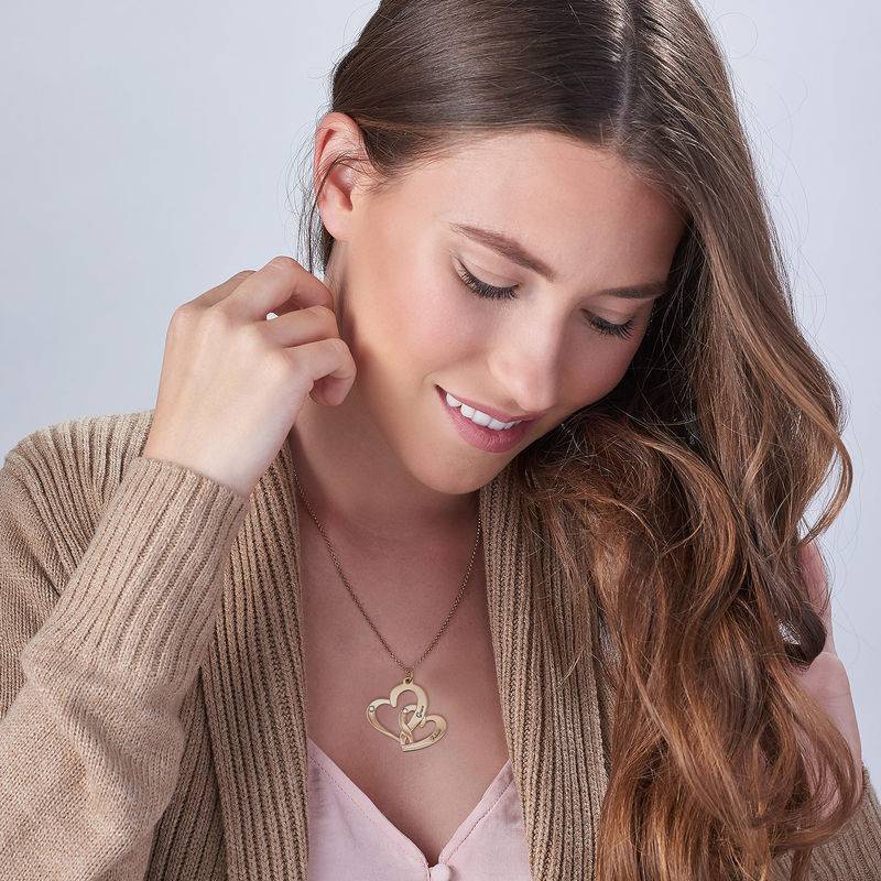 Engraved Two Heart Necklace Gold Plated with Diamonds - Gifts for Mom - Image 2