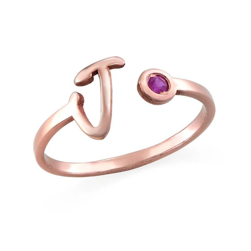 18K Rose Gold Plated Open Initial Birthstone Ring - Image 2