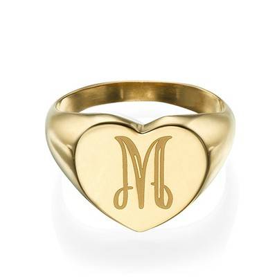 Heart Shaped Signet Ring with Initial - Gold Plated - Image 2
