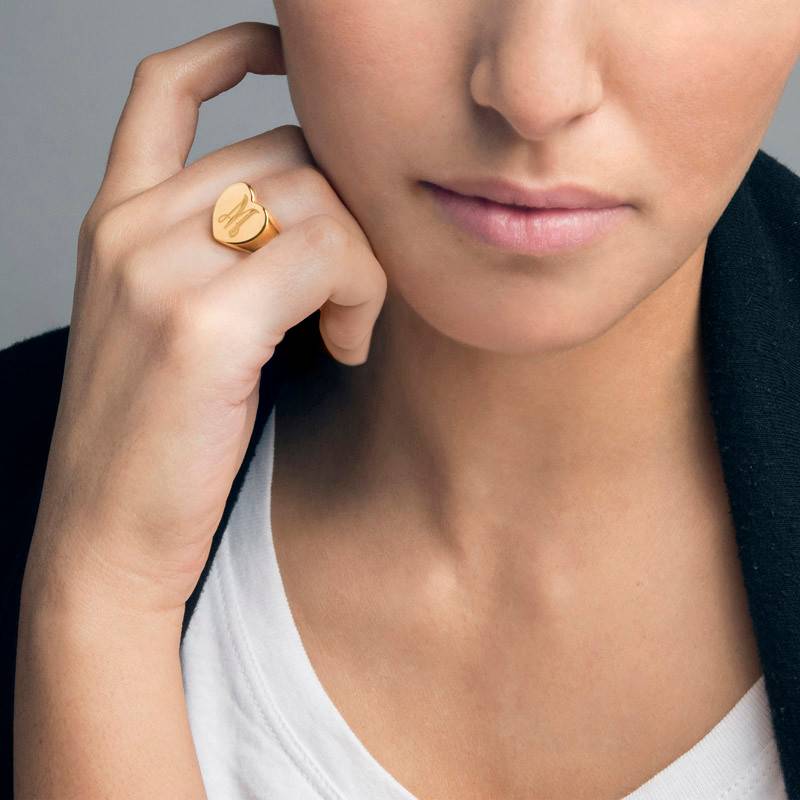 Heart Shaped Signet Ring with Initial - Gold Plated - Image 3