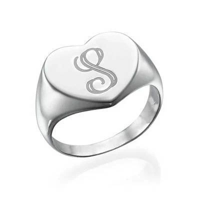 Heart Shaped Silver Signet Ring with Initial