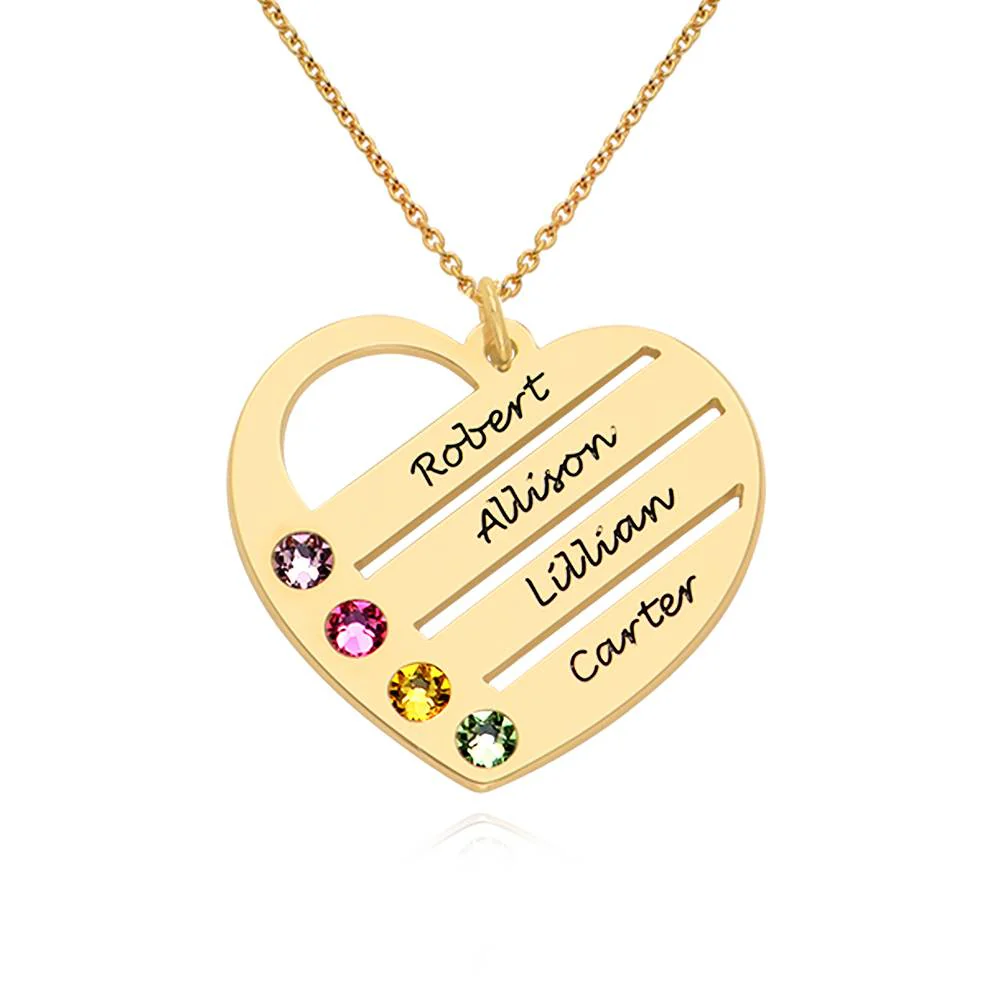 Gifts for Mom - Birthstone Heart Necklace with Engraved Names - Gold Plated - Mom Necklace